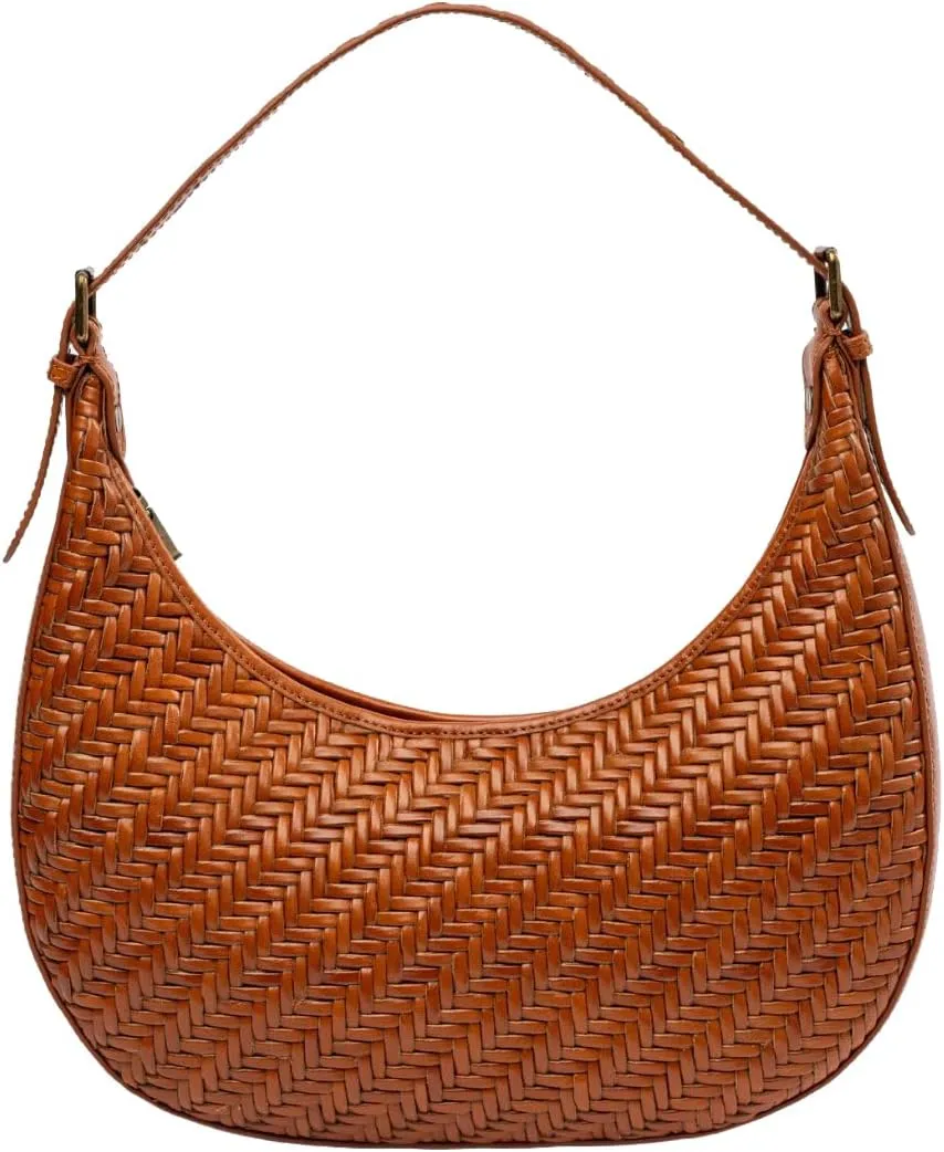 Woven Leather Handbag for Women – Crescent Leather Purse with Adjustable Strap, Zipper Closure - Underarm Bag