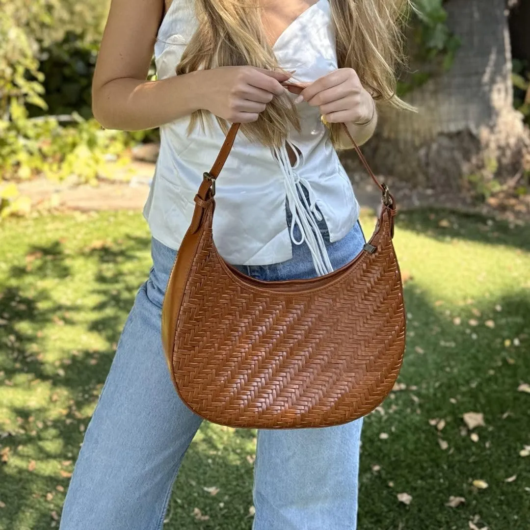 Woven Leather Handbag for Women – Crescent Leather Purse with Adjustable Strap, Zipper Closure - Underarm Bag