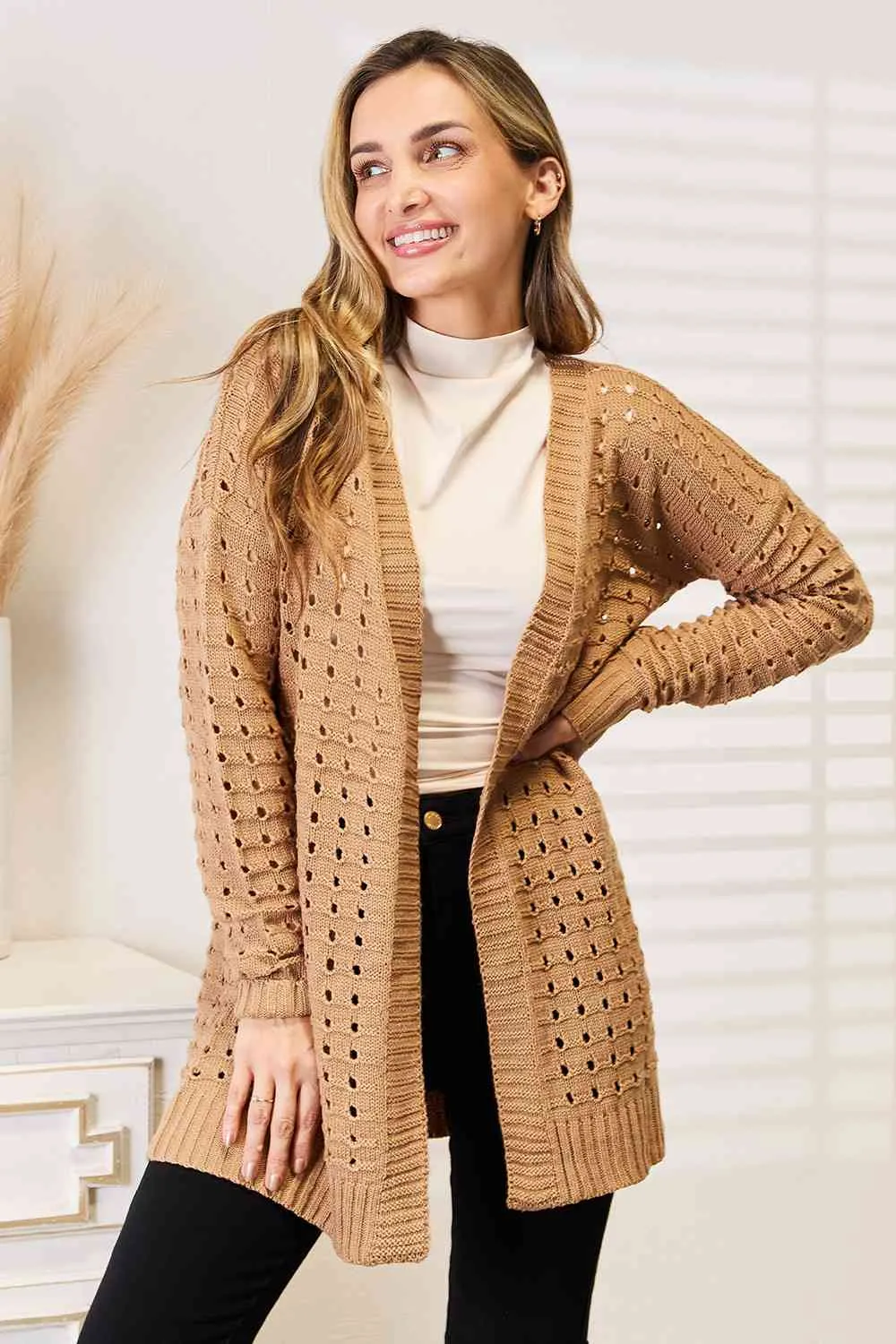Woven Right Openwork Horizontal Ribbing Open Front Kimono