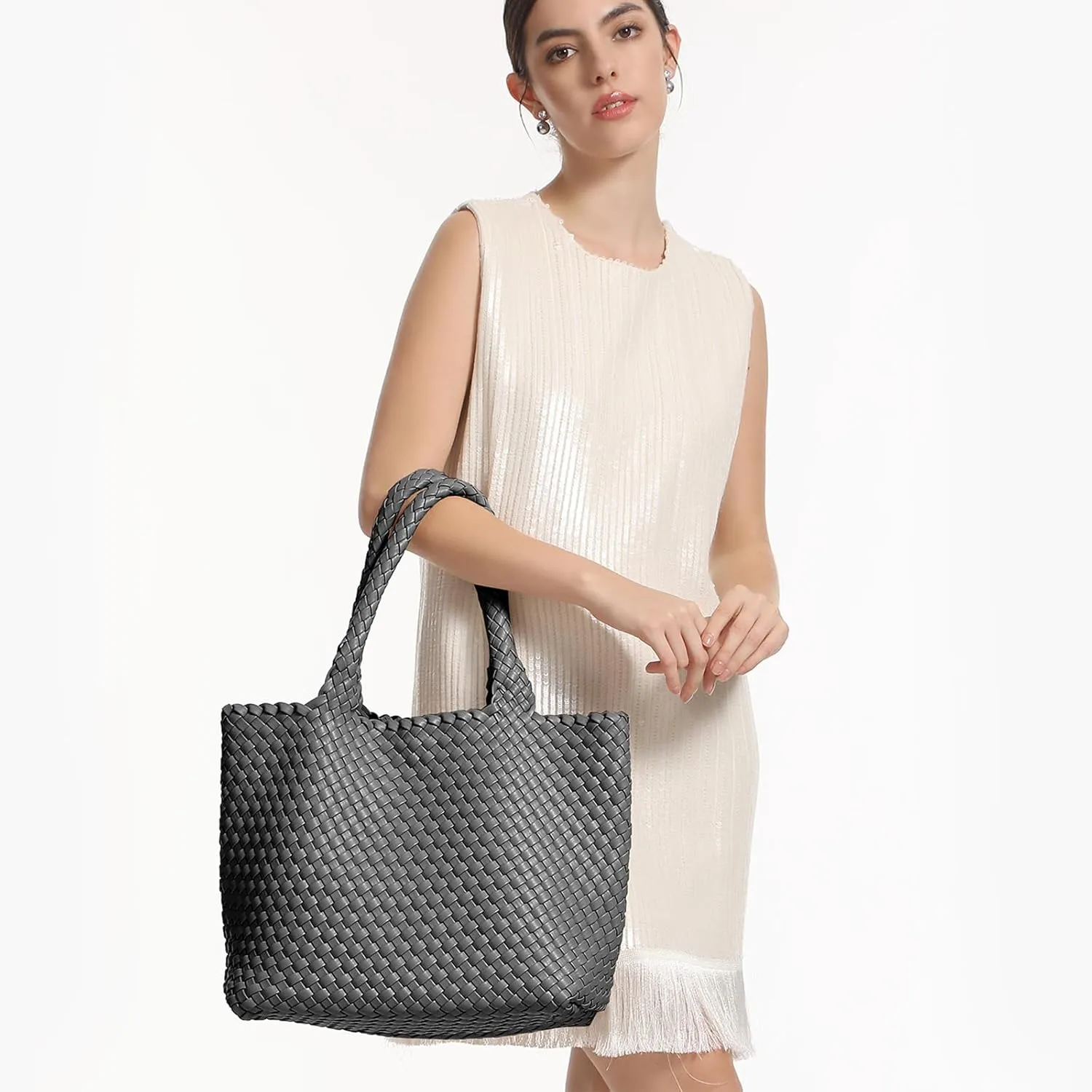 Woven Tote Bag for Women,Fashion Top Handle Shoulder Bag Vegan Leather Shopper Bag Large Travel Tote Bag with Purse