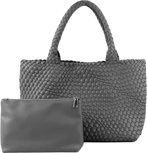 Woven Tote Bag for Women,Fashion Top Handle Shoulder Bag Vegan Leather Shopper Bag Large Travel Tote Bag with Purse