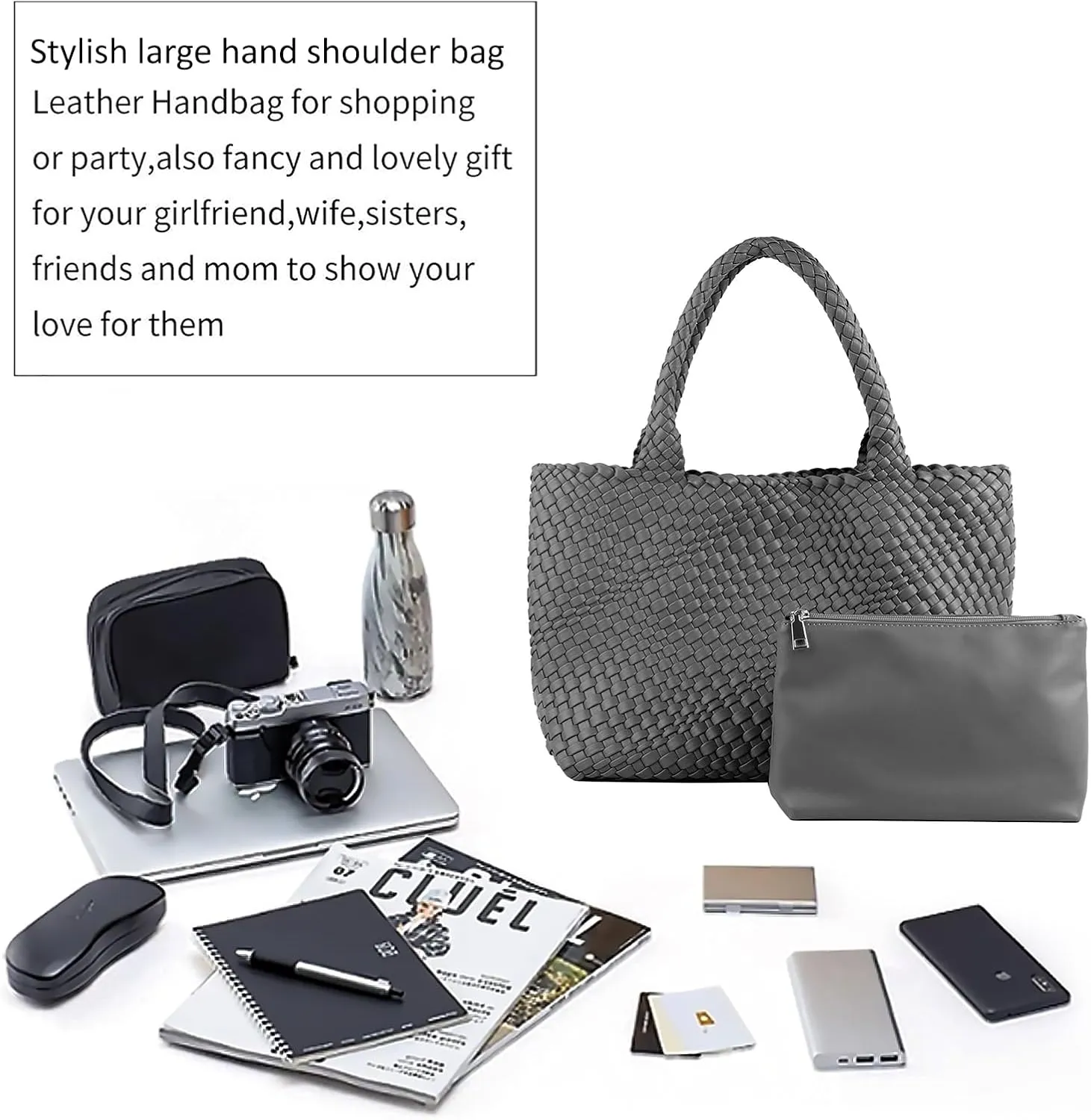 Woven Tote Bag for Women,Fashion Top Handle Shoulder Bag Vegan Leather Shopper Bag Large Travel Tote Bag with Purse