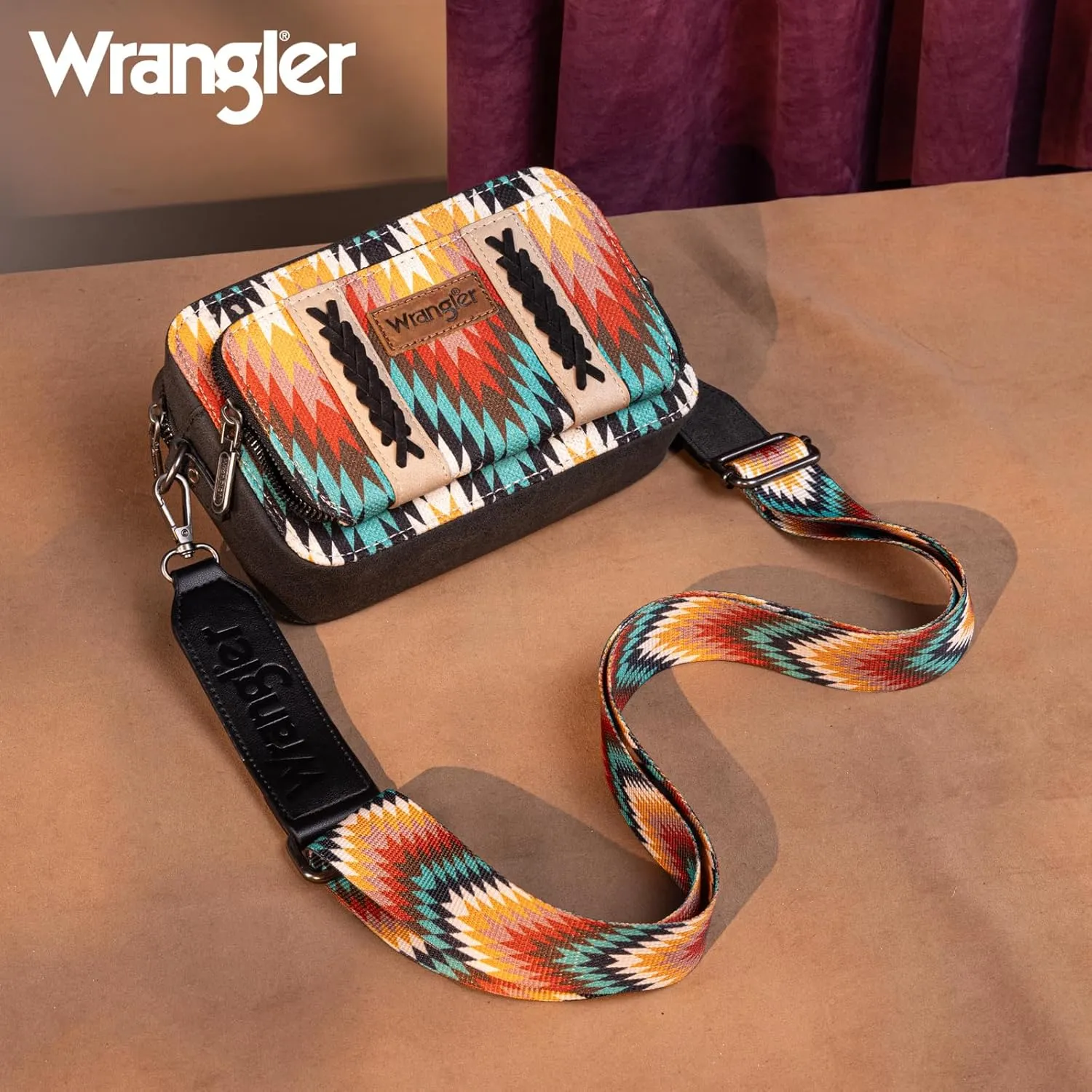 Wrangler Aztec Crossbody Bag for Women Multi Pocket Shoulder Bag Boho Cross Body Wallet Purse