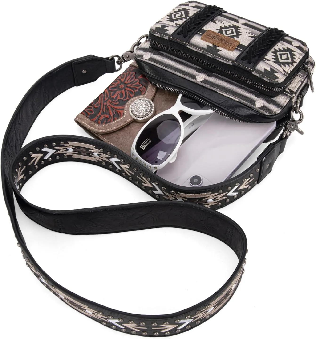 Wrangler Crossbody Bag for Women Boho Aztec Small Multi Pocket Crossover Purse