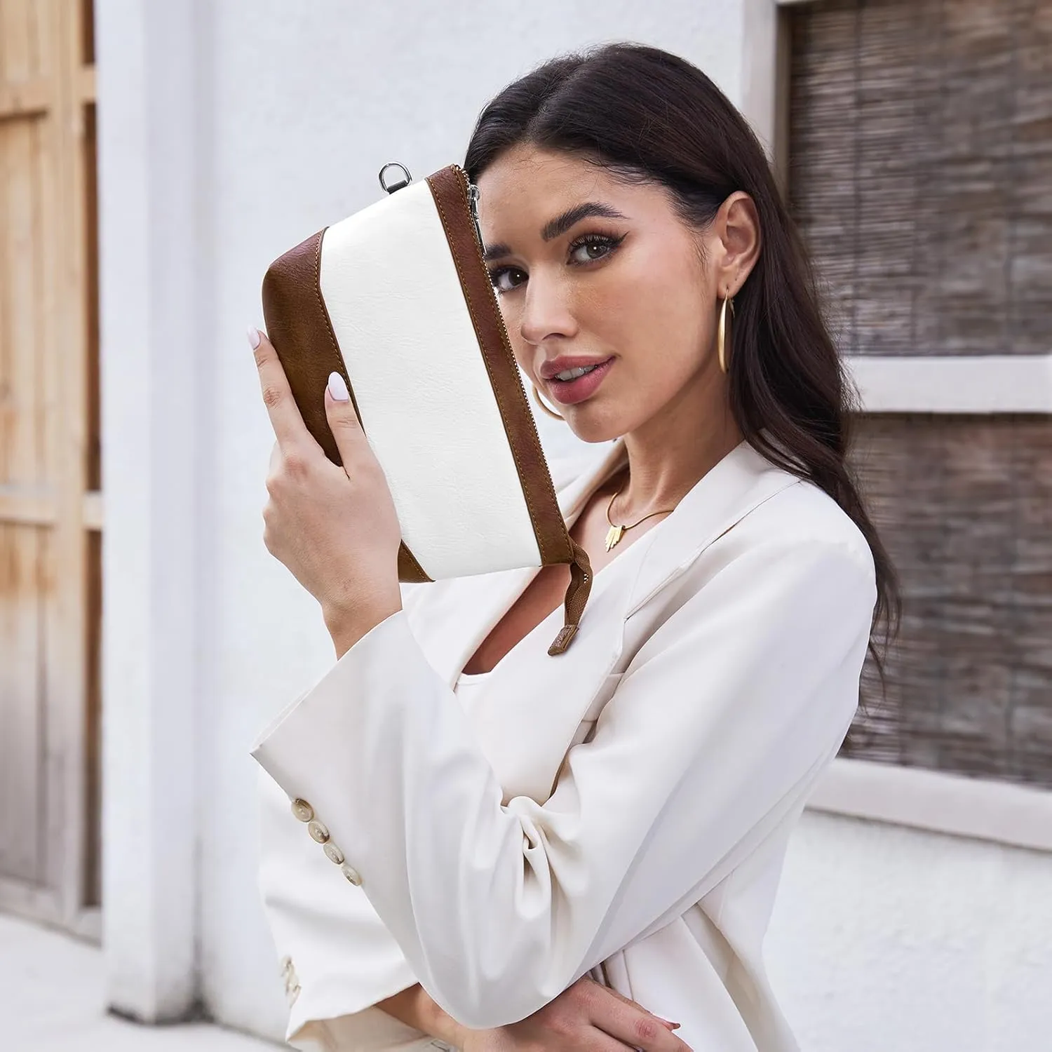 Wristlet Handbag Vegan Leather for Women with Detachable Wristlet and Keychain, Zipper Closure
