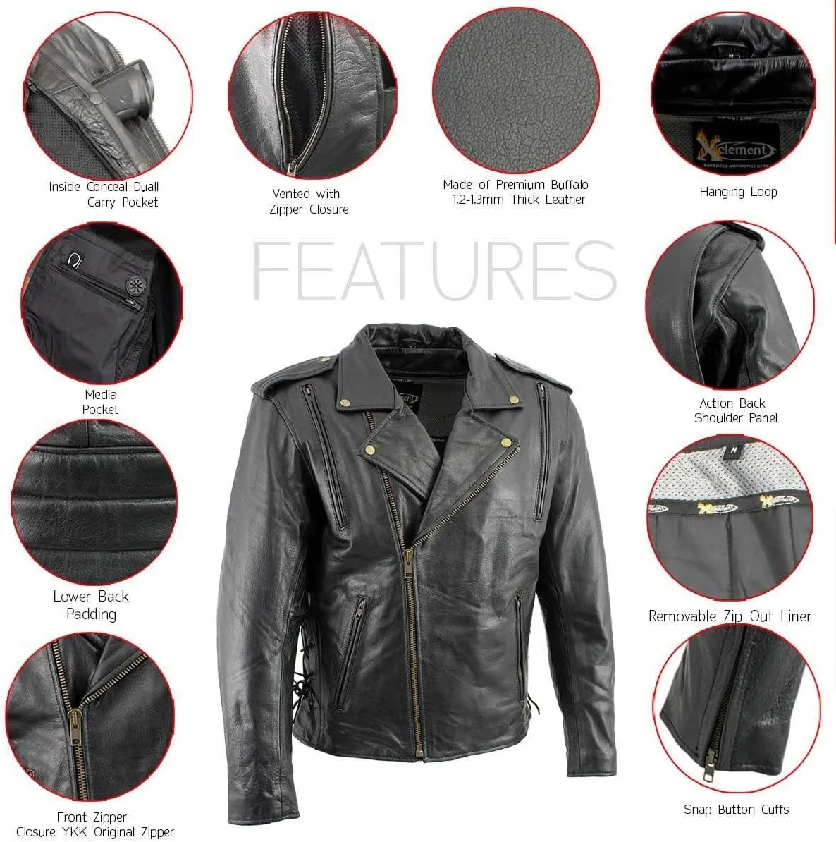 Xelement B7210 'Cool Rider' Men's Black Vented Leather Motorcycle Jacket