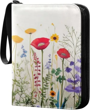 xigua Colorful Herbal Wildflower Card Binder 4-Pockets, Trading Card Binder 400 Pockets Baseball Card Binder Waterproof PU Leather Card Collection Binder for Games Card Album Card