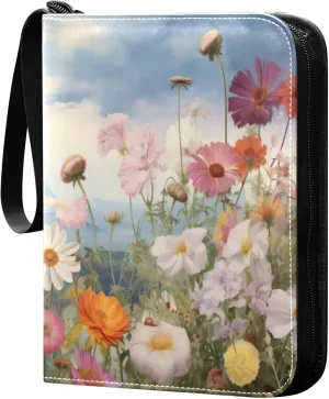 xigua Colorful Herbal Wildflower Card Binder 4-Pockets, Trading Card Binder 400 Pockets Baseball Card Binder Waterproof PU Leather Card Collection Binder for Games Card Album Card