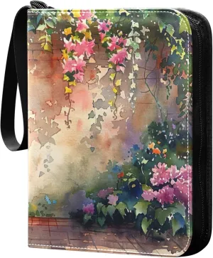 xigua Colorful Herbal Wildflower Card Binder 4-Pockets, Trading Card Binder 400 Pockets Baseball Card Binder Waterproof PU Leather Card Collection Binder for Games Card Album Card