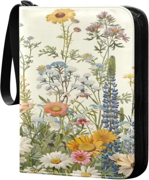 xigua Colorful Herbal Wildflower Card Binder 4-Pockets, Trading Card Binder 400 Pockets Baseball Card Binder Waterproof PU Leather Card Collection Binder for Games Card Album Card