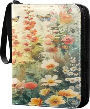 xigua Colorful Herbal Wildflower Card Binder 4-Pockets, Trading Card Binder 400 Pockets Baseball Card Binder Waterproof PU Leather Card Collection Binder for Games Card Album Card