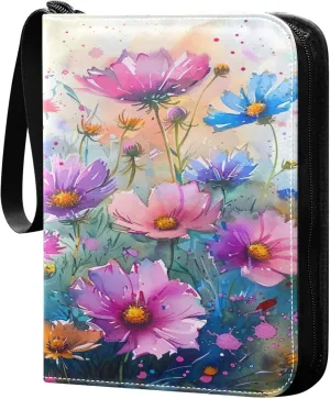 xigua Colorful Herbal Wildflower Card Binder 4-Pockets, Trading Card Binder 400 Pockets Baseball Card Binder Waterproof PU Leather Card Collection Binder for Games Card Album Card