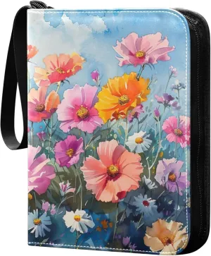 xigua Colorful Herbal Wildflower Card Binder 4-Pockets, Trading Card Binder 400 Pockets Baseball Card Binder Waterproof PU Leather Card Collection Binder for Games Card Album Card