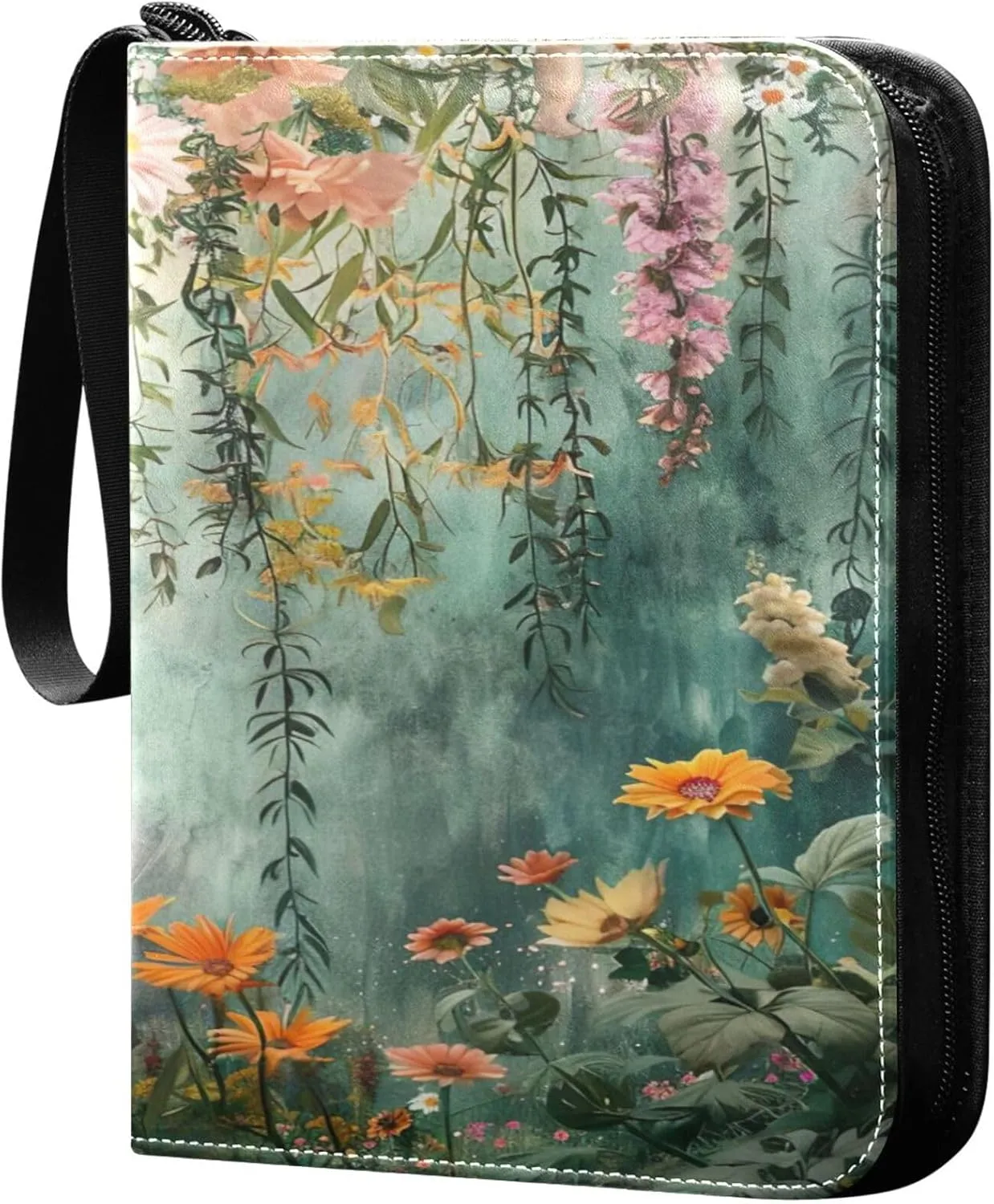 xigua Colorful Herbal Wildflower Card Binder 4-Pockets, Trading Card Binder 400 Pockets Baseball Card Binder Waterproof PU Leather Card Collection Binder for Games Card Album Card