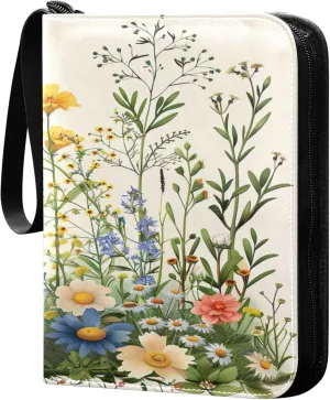 xigua Colorful Herbal Wildflower Card Binder 4-Pockets, Trading Card Binder 400 Pockets Baseball Card Binder Waterproof PU Leather Card Collection Binder for Games Card Album Card