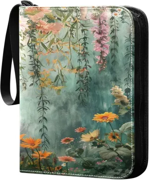xigua Colorful Herbal Wildflower Card Binder 4-Pockets, Trading Card Binder 400 Pockets Baseball Card Binder Waterproof PU Leather Card Collection Binder for Games Card Album Card