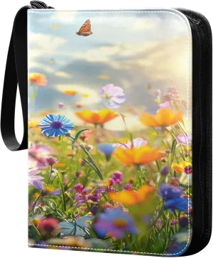 xigua Colorful Herbal Wildflower Card Binder 4-Pockets, Trading Card Binder 400 Pockets Baseball Card Binder Waterproof PU Leather Card Collection Binder for Games Card Album Card