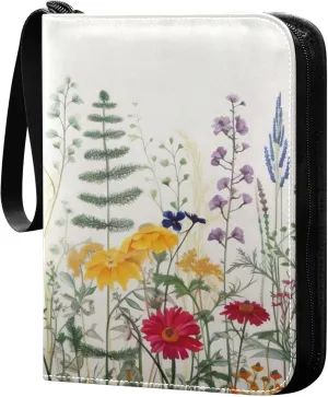 xigua Colorful Herbal Wildflower Card Binder 4-Pockets, Trading Card Binder 400 Pockets Baseball Card Binder Waterproof PU Leather Card Collection Binder for Games Card Album Card