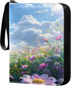 xigua Colorful Herbal Wildflower Card Binder 4-Pockets, Trading Card Binder 400 Pockets Baseball Card Binder Waterproof PU Leather Card Collection Binder for Games Card Album Card