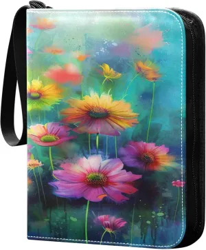 xigua Colorful Herbal Wildflower Card Binder 4-Pockets, Trading Card Binder 400 Pockets Baseball Card Binder Waterproof PU Leather Card Collection Binder for Games Card Album Card
