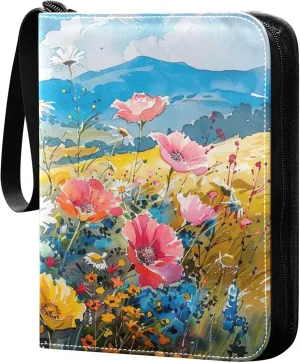 xigua Colorful Herbal Wildflower Card Binder 4-Pockets, Trading Card Binder 400 Pockets Baseball Card Binder Waterproof PU Leather Card Collection Binder for Games Card Album Card