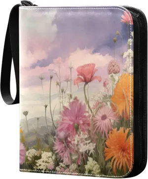 xigua Colorful Herbal Wildflower Card Binder 4-Pockets, Trading Card Binder 400 Pockets Baseball Card Binder Waterproof PU Leather Card Collection Binder for Games Card Album Card