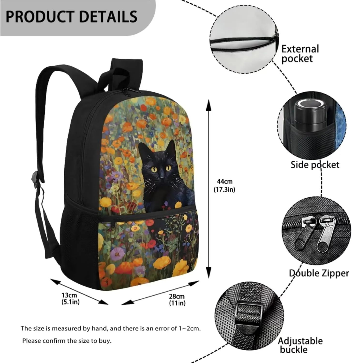 Xoenoiee Black Cat Floral Print Backpack and Lunch Bag Pencil Case Set Boys Girls 3Pcs Set School Bags Large Capacity for Students Back To School Supplies