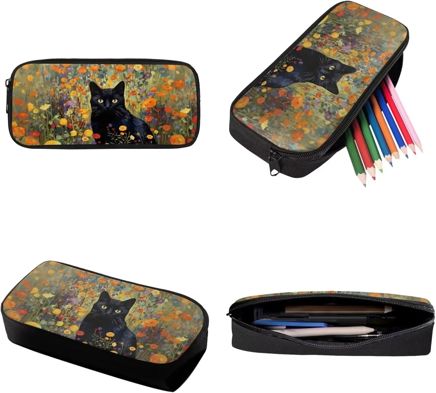 Xoenoiee Black Cat Floral Print Backpack and Lunch Bag Pencil Case Set Boys Girls 3Pcs Set School Bags Large Capacity for Students Back To School Supplies