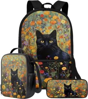 Xoenoiee Black Cat Floral Print Backpack and Lunch Bag Pencil Case Set Boys Girls 3Pcs Set School Bags Large Capacity for Students Back To School Supplies