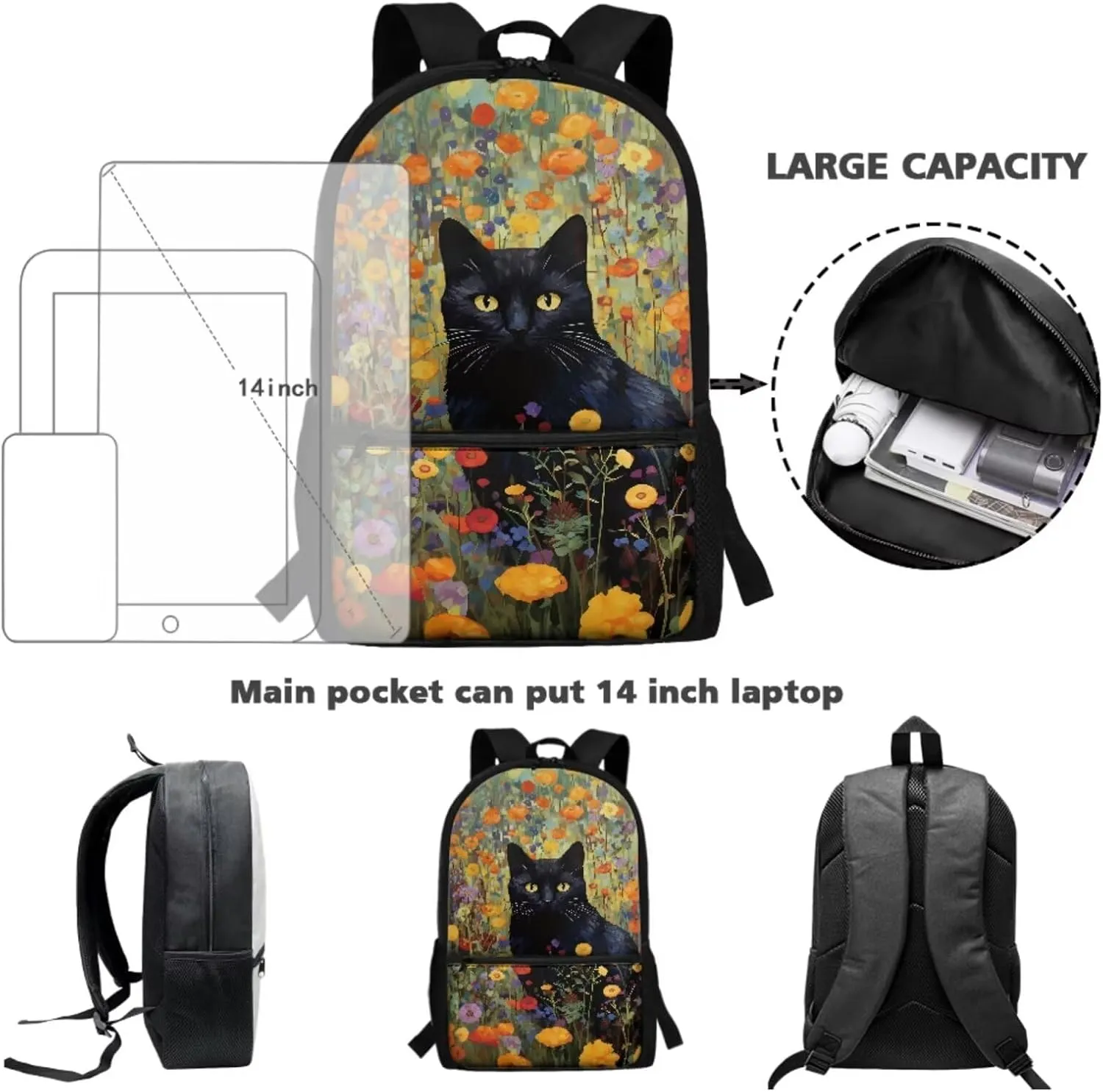 Xoenoiee Black Cat Floral Print Backpack and Lunch Bag Pencil Case Set Boys Girls 3Pcs Set School Bags Large Capacity for Students Back To School Supplies