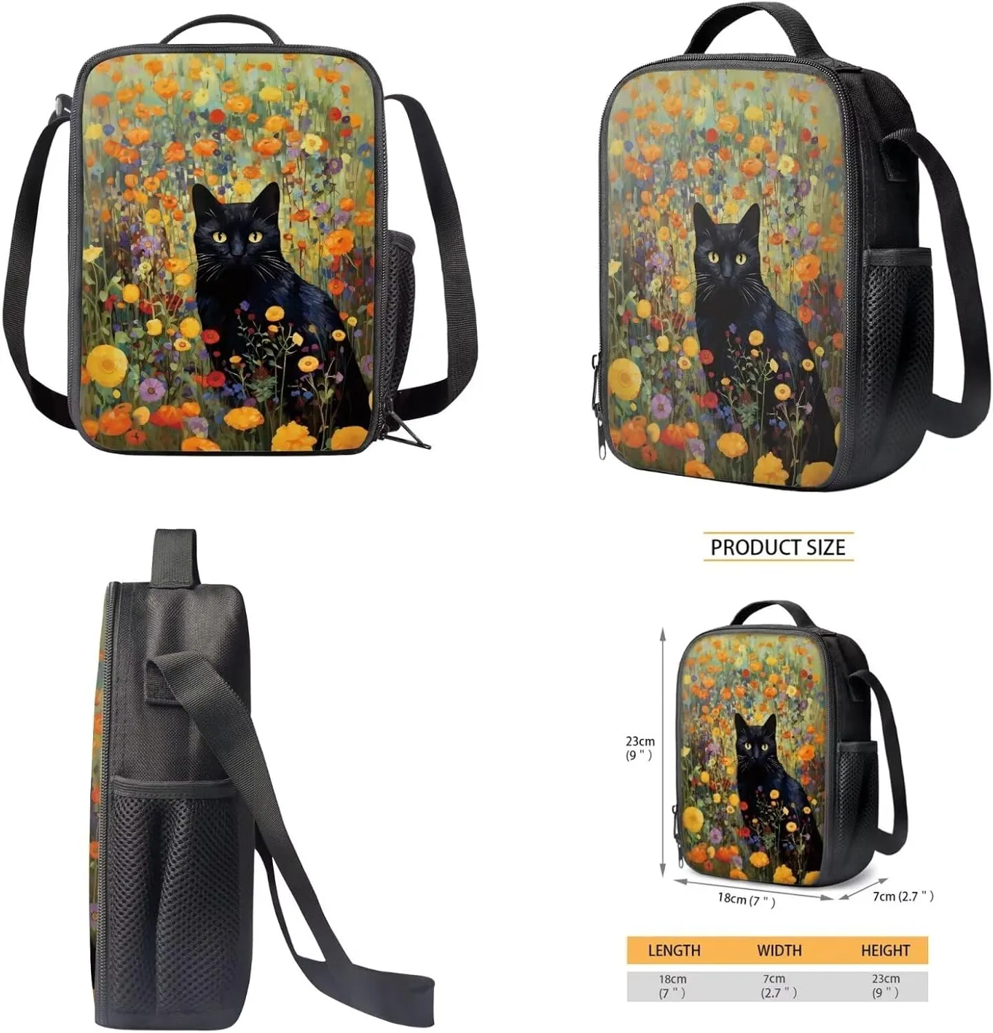 Xoenoiee Black Cat Floral Print Backpack and Lunch Bag Pencil Case Set Boys Girls 3Pcs Set School Bags Large Capacity for Students Back To School Supplies