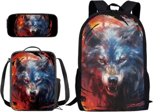Xoenoiee Colored Paint Wolf Print 3D Backpack and Lunch Bag Set for Elementary Kids School Bag Junior Children Teens Bookbag Lightweight Schoolbag Bag Pack 3 in 1