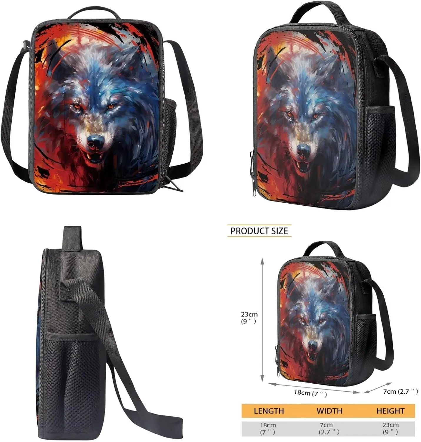 Xoenoiee Colored Paint Wolf Print 3D Backpack and Lunch Bag Set for Elementary Kids School Bag Junior Children Teens Bookbag Lightweight Schoolbag Bag Pack 3 in 1