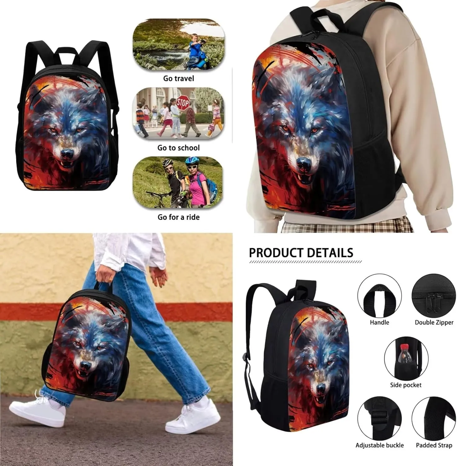 Xoenoiee Colored Paint Wolf Print 3D Backpack and Lunch Bag Set for Elementary Kids School Bag Junior Children Teens Bookbag Lightweight Schoolbag Bag Pack 3 in 1