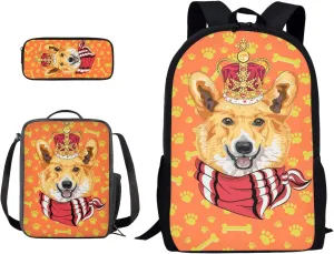 Xoenoiee School Bags Set of 3, King Corgi Dog Print Fashion Rucksack Bag Bookbag Backpack Shoulder Daypack   Insulated Lunch Bag   Pencil Case for Teenager