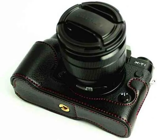 XT1 Case, BolinUS Handmade Genuine Real Leather Half Camera Case Bag Cover for Fujifilm Fuji X-T1 XT1 Opening Version   Hand Strap -Black
