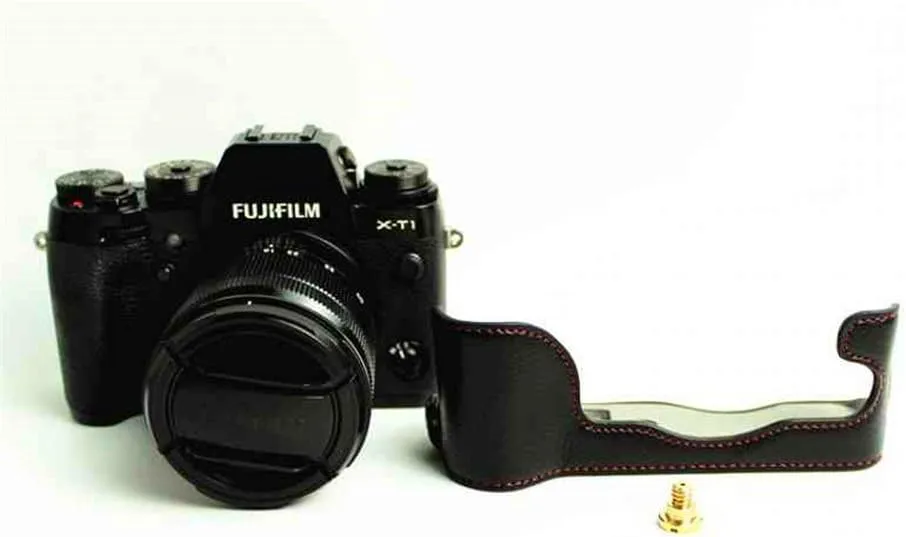 XT1 Case, BolinUS Handmade Genuine Real Leather Half Camera Case Bag Cover for Fujifilm Fuji X-T1 XT1 Opening Version   Hand Strap -Black