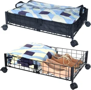 YACQ Under-Bed Storage with Wheels, 2-in-1 Rolling Carts with Liner Bags Fit 6.5 inch Low Bed Frame, For Shoes, Clothes, Toy, Book, Blanket, Under-Bed Storage Containers, 2 Pack