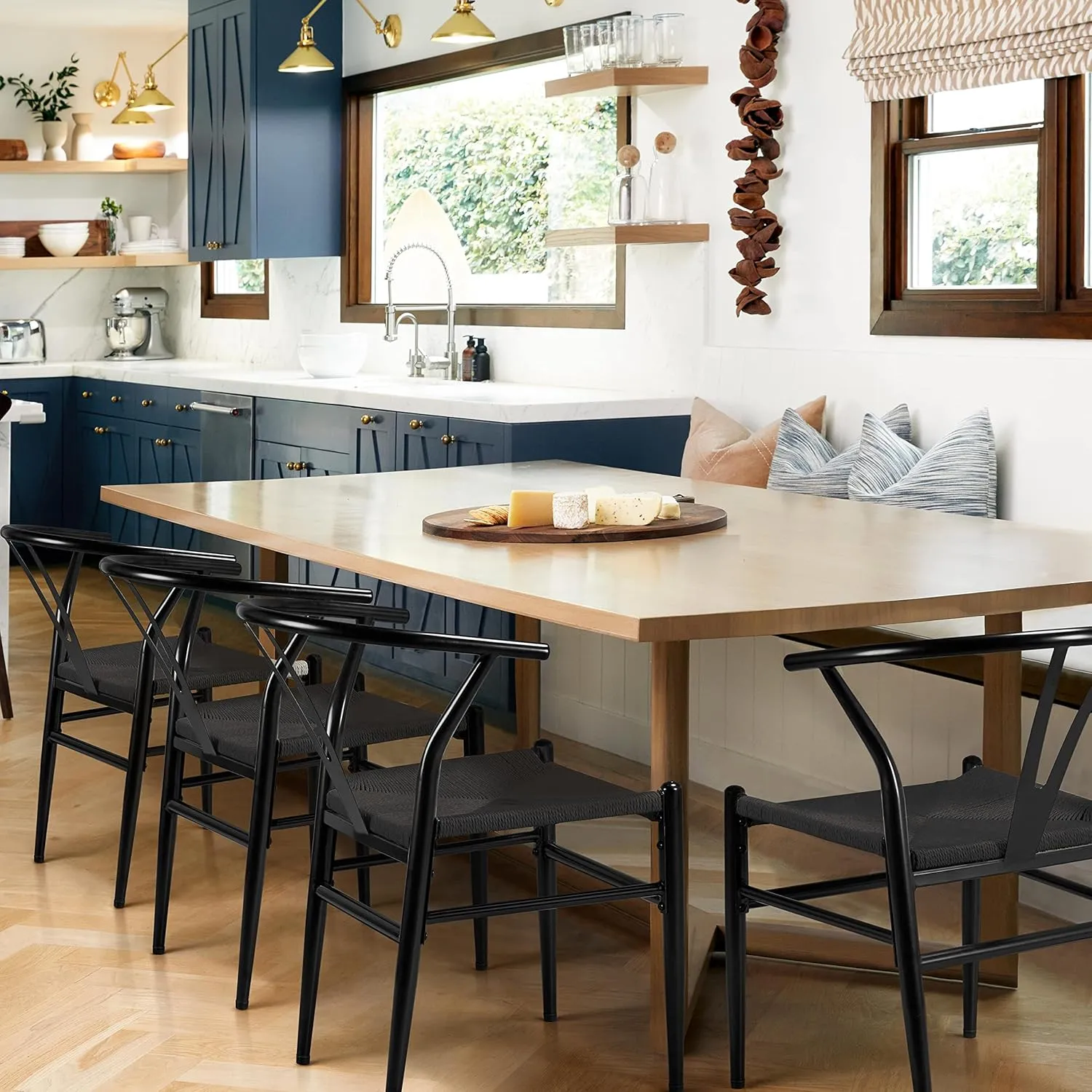Yaheetech Weave Arm Chair Set of 2 Weave Modern Chair with Y-Shaped Backrest Mid-Century Metal Dining Chair with Solid Metal Frame, (Full Black, Large)