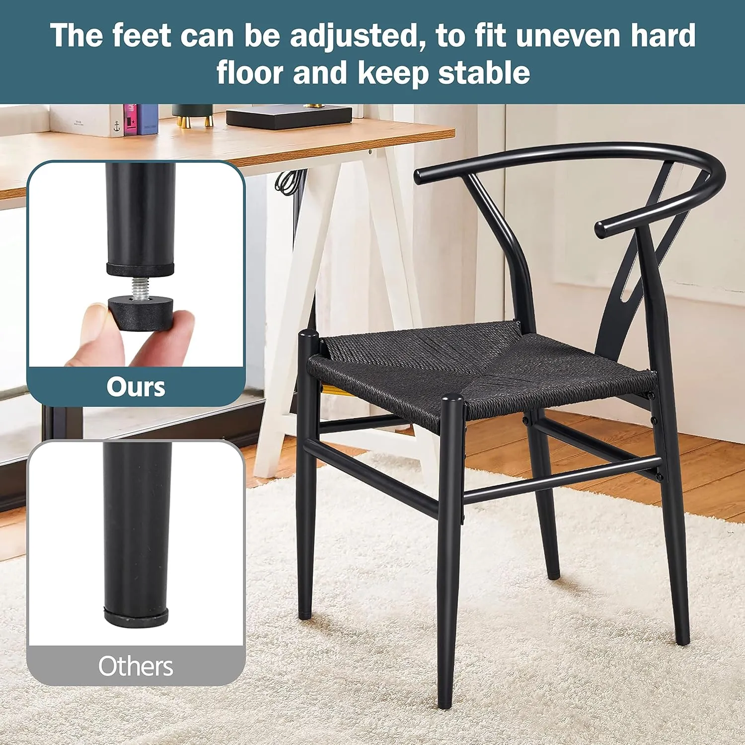 Yaheetech Weave Arm Chair Set of 2 Weave Modern Chair with Y-Shaped Backrest Mid-Century Metal Dining Chair with Solid Metal Frame, (Full Black, Large)