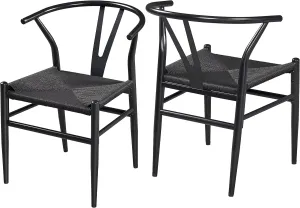 Yaheetech Weave Arm Chair Set of 2 Weave Modern Chair with Y-Shaped Backrest Mid-Century Metal Dining Chair with Solid Metal Frame, (Full Black, Large)