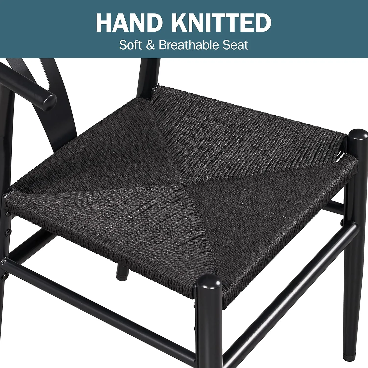 Yaheetech Weave Arm Chair Set of 2 Weave Modern Chair with Y-Shaped Backrest Mid-Century Metal Dining Chair with Solid Metal Frame, (Full Black, Large)