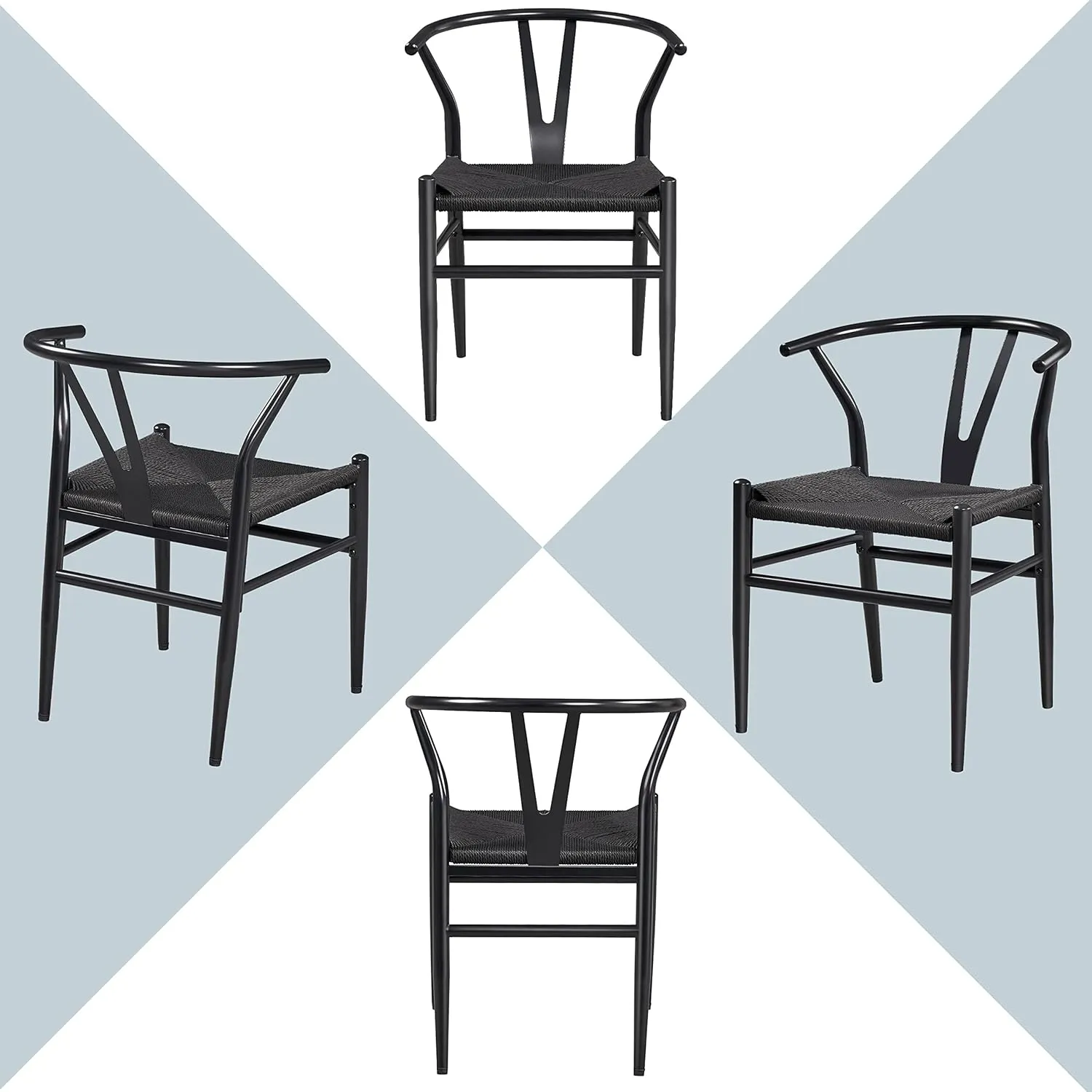 Yaheetech Weave Arm Chair Set of 2 Weave Modern Chair with Y-Shaped Backrest Mid-Century Metal Dining Chair with Solid Metal Frame, (Full Black, Large)