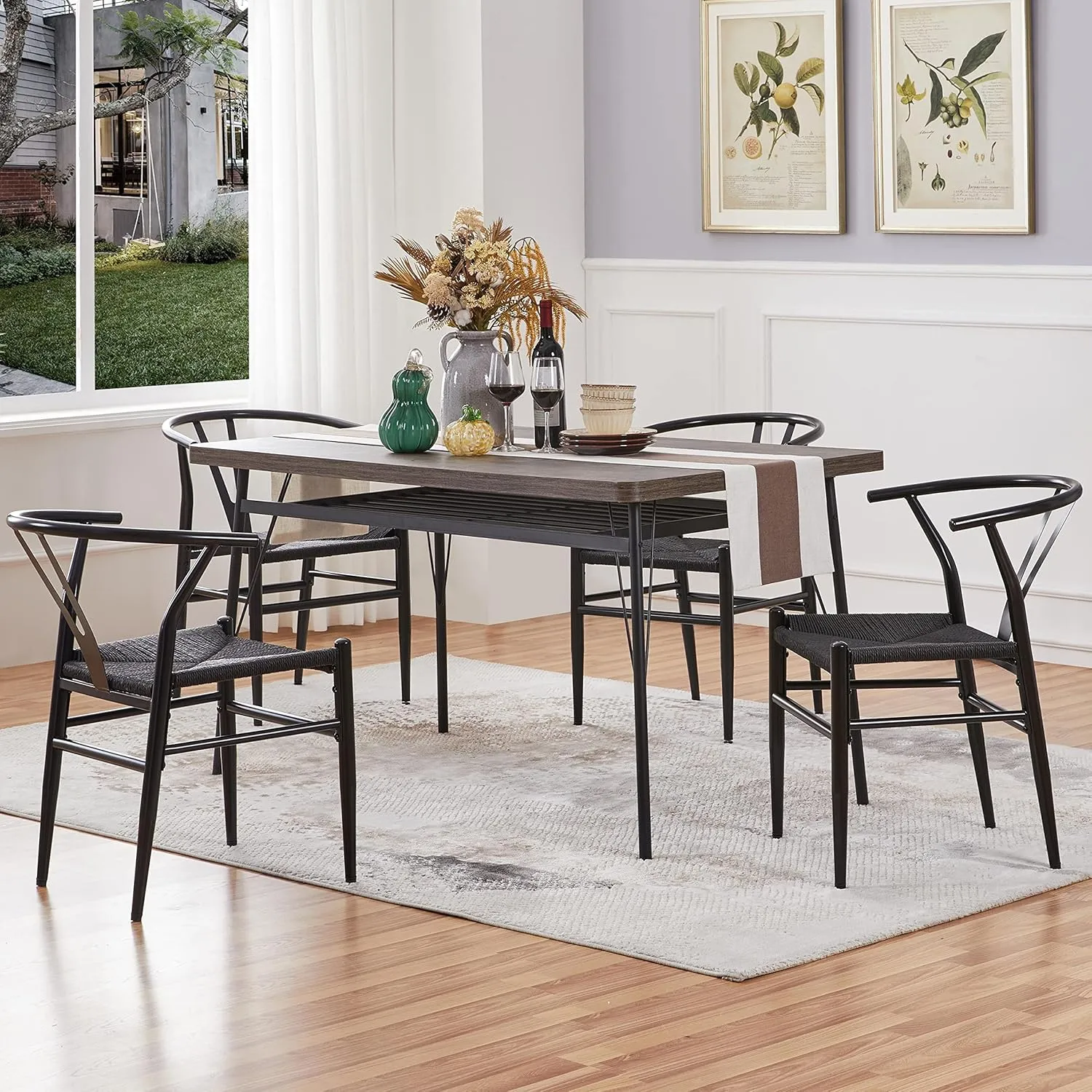 Yaheetech Weave Arm Chair Set of 2 Weave Modern Chair with Y-Shaped Backrest Mid-Century Metal Dining Chair with Solid Metal Frame, (Full Black, Large)