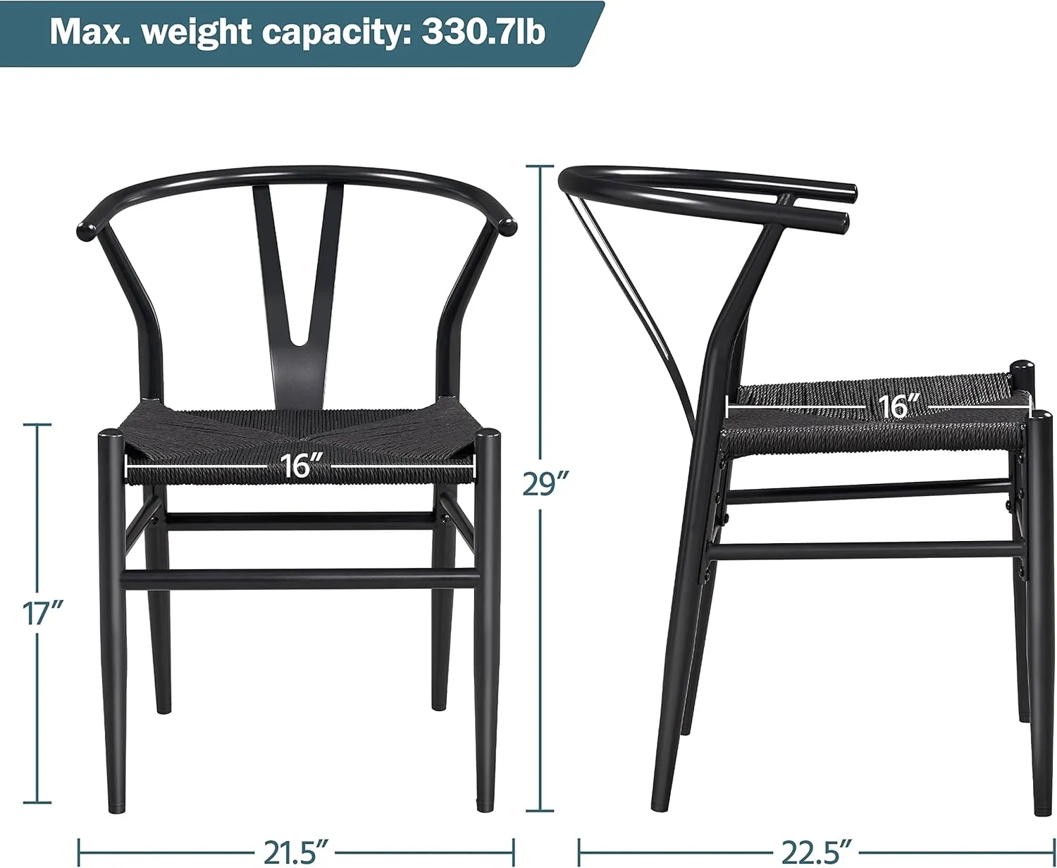Yaheetech Weave Arm Chair Set of 2 Weave Modern Chair with Y-Shaped Backrest Mid-Century Metal Dining Chair with Solid Metal Frame, (Full Black, Large)