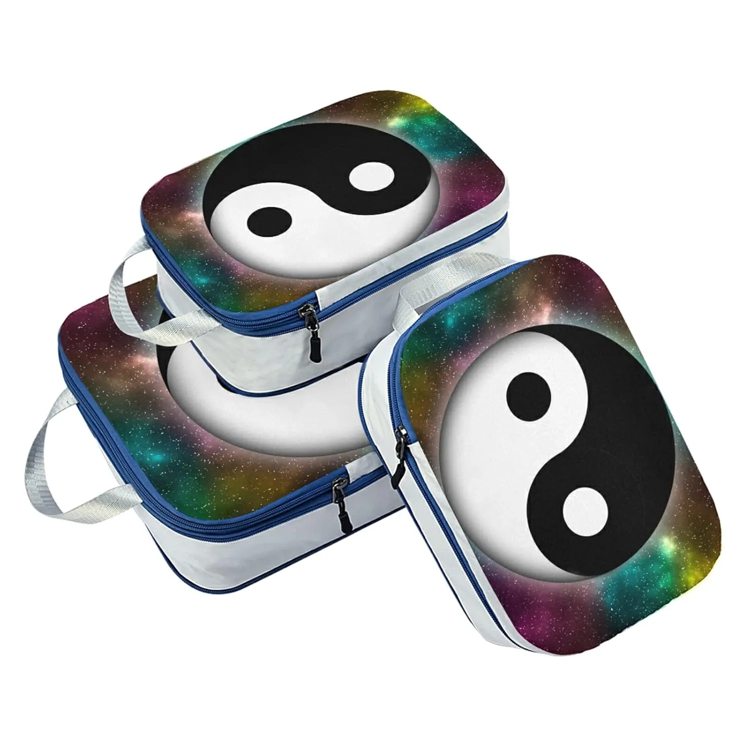 Yin Yang Symbol on Colorful Green Pink Yellow Galaxy Space Stars 3 Piece set Cubes Expandable Adjustable Luggage Packing Bags, Ultralight Organizer Accessories Travel Suitcase Compressible Bags
