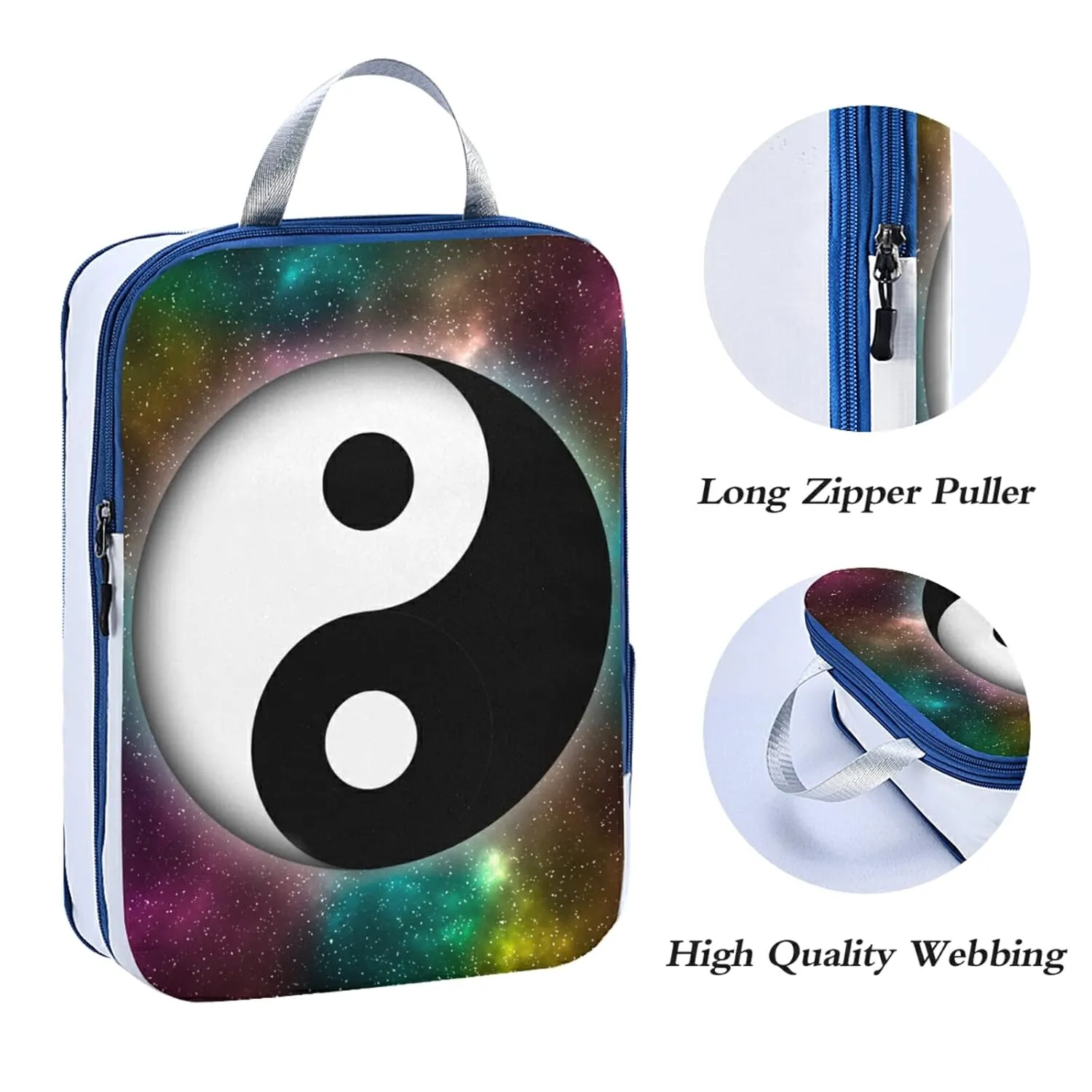Yin Yang Symbol on Colorful Green Pink Yellow Galaxy Space Stars 3 Piece set Cubes Expandable Adjustable Luggage Packing Bags, Ultralight Organizer Accessories Travel Suitcase Compressible Bags