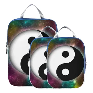 Yin Yang Symbol on Colorful Green Pink Yellow Galaxy Space Stars 3 Piece set Cubes Expandable Adjustable Luggage Packing Bags, Ultralight Organizer Accessories Travel Suitcase Compressible Bags