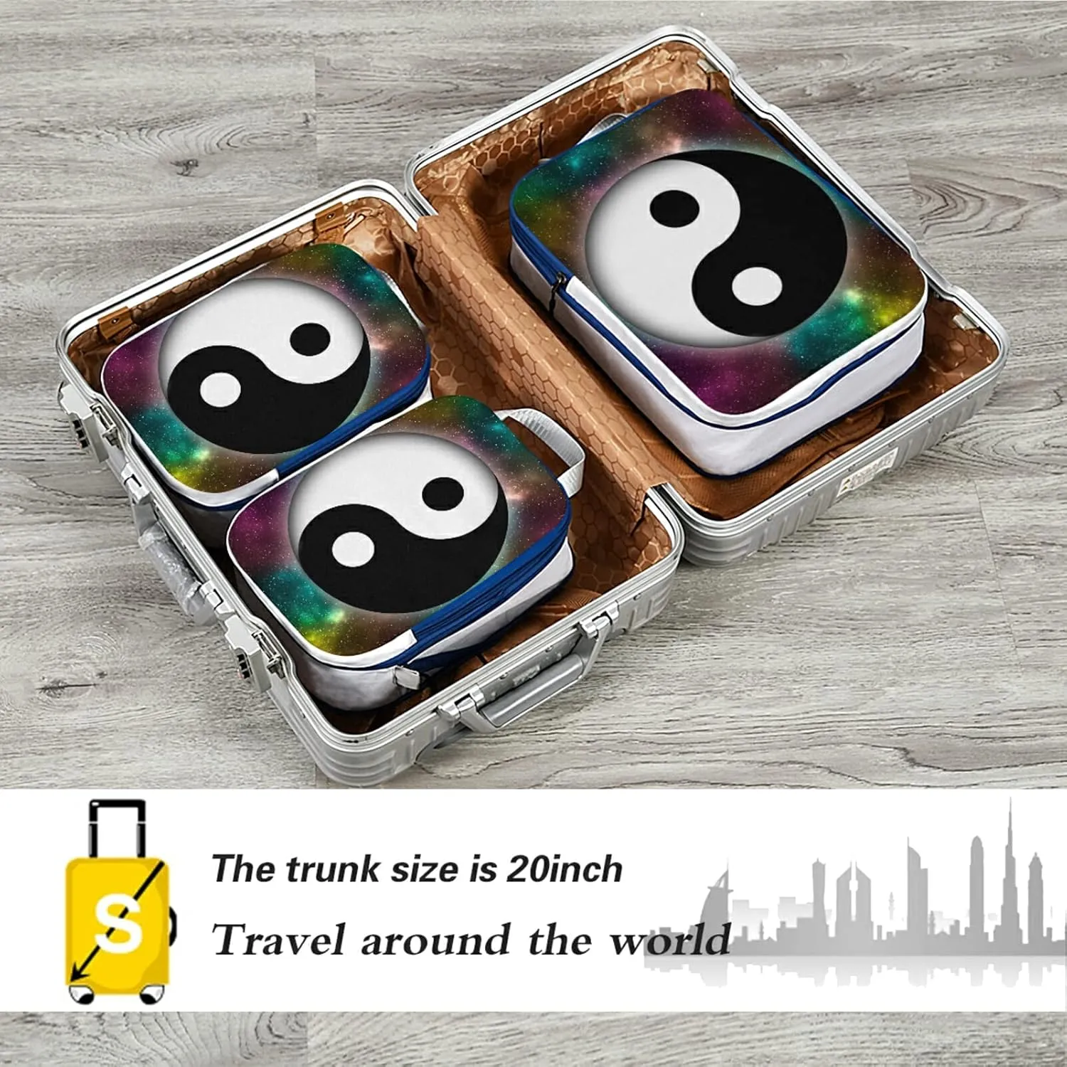 Yin Yang Symbol on Colorful Green Pink Yellow Galaxy Space Stars 3 Piece set Cubes Expandable Adjustable Luggage Packing Bags, Ultralight Organizer Accessories Travel Suitcase Compressible Bags