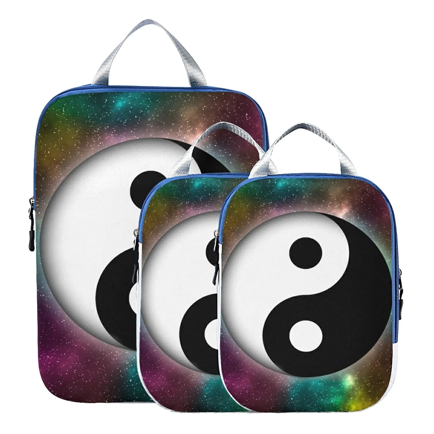 Yin Yang Symbol on Colorful Green Pink Yellow Galaxy Space Stars 3 Piece set Cubes Expandable Adjustable Luggage Packing Bags, Ultralight Organizer Accessories Travel Suitcase Compressible Bags